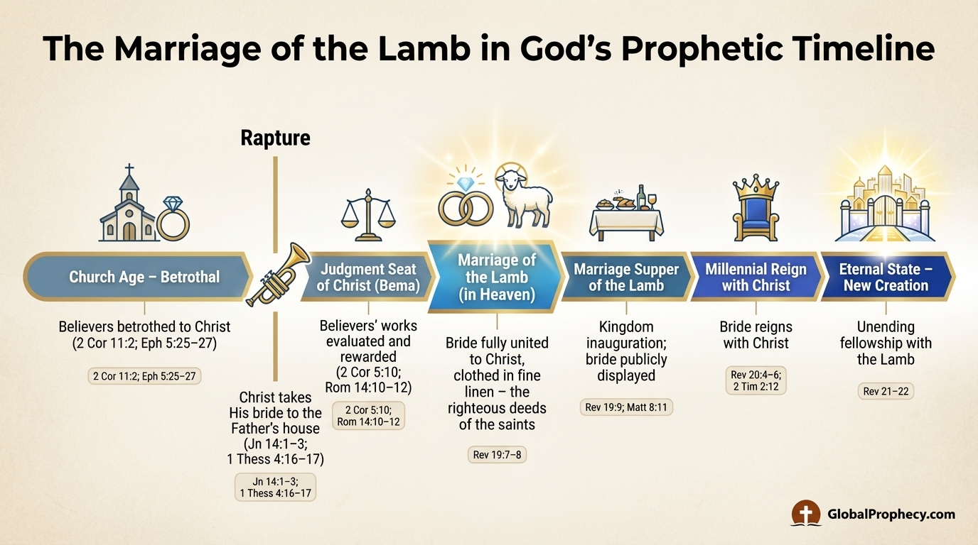 Timeline infographic showing the church’s betrothal, rapture, marriage of the Lamb, marriage supper, and shared reign with Christ.