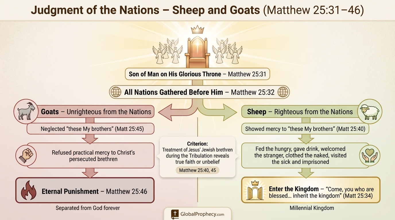 Diagram of Matthew 25 judgment of the nations with sheep and goats separated and destinies shown.