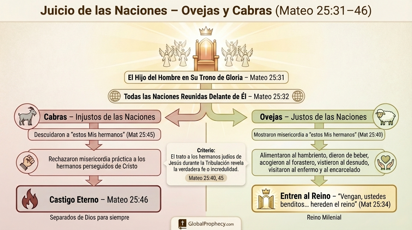 Diagrama del juicio de las naciones en Mateo 25 con ovejas y cabras separadas y destinos mostrados.