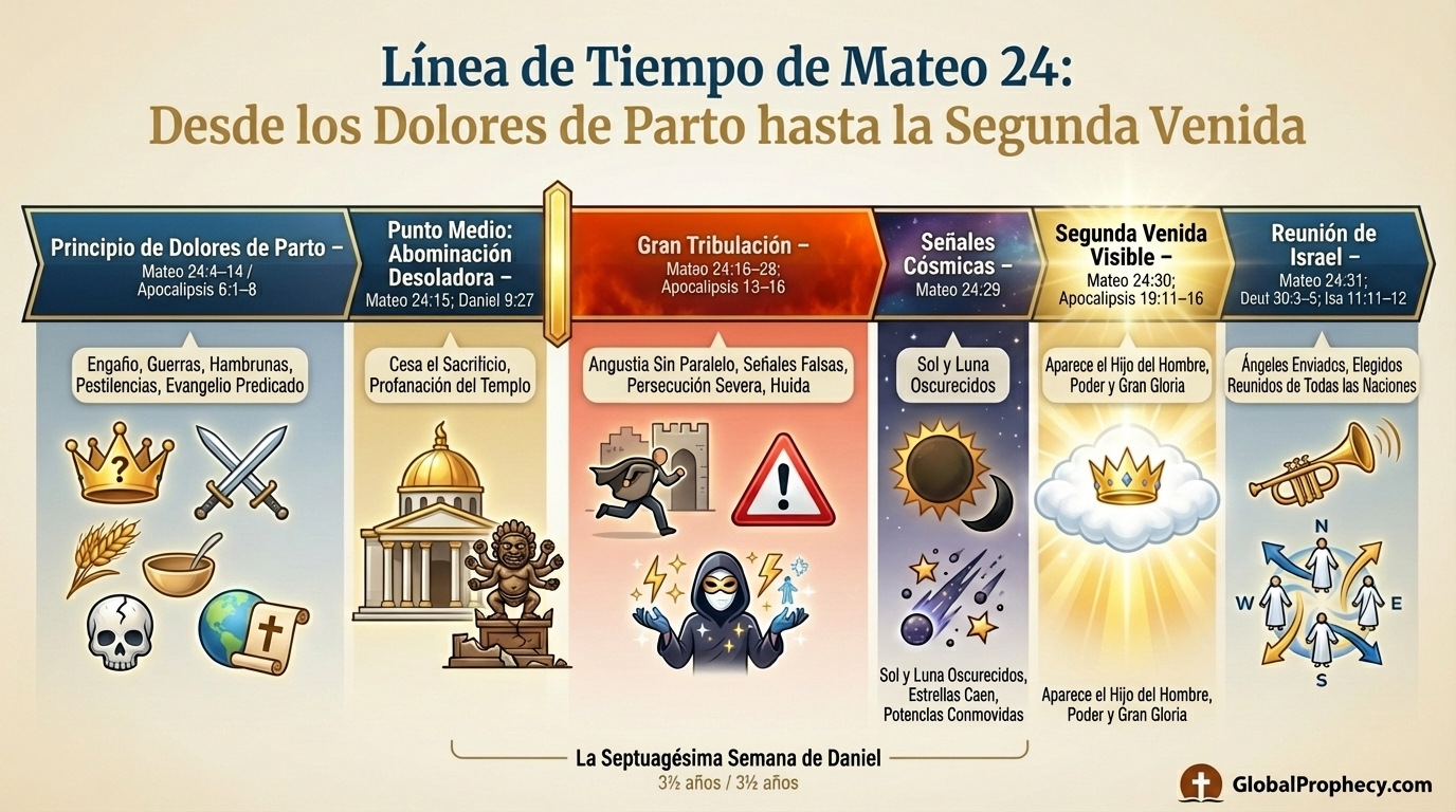 Línea de tiempo infográfica de Mateo 24 que muestra los eventos de la Tribulación y la Segunda Venida.