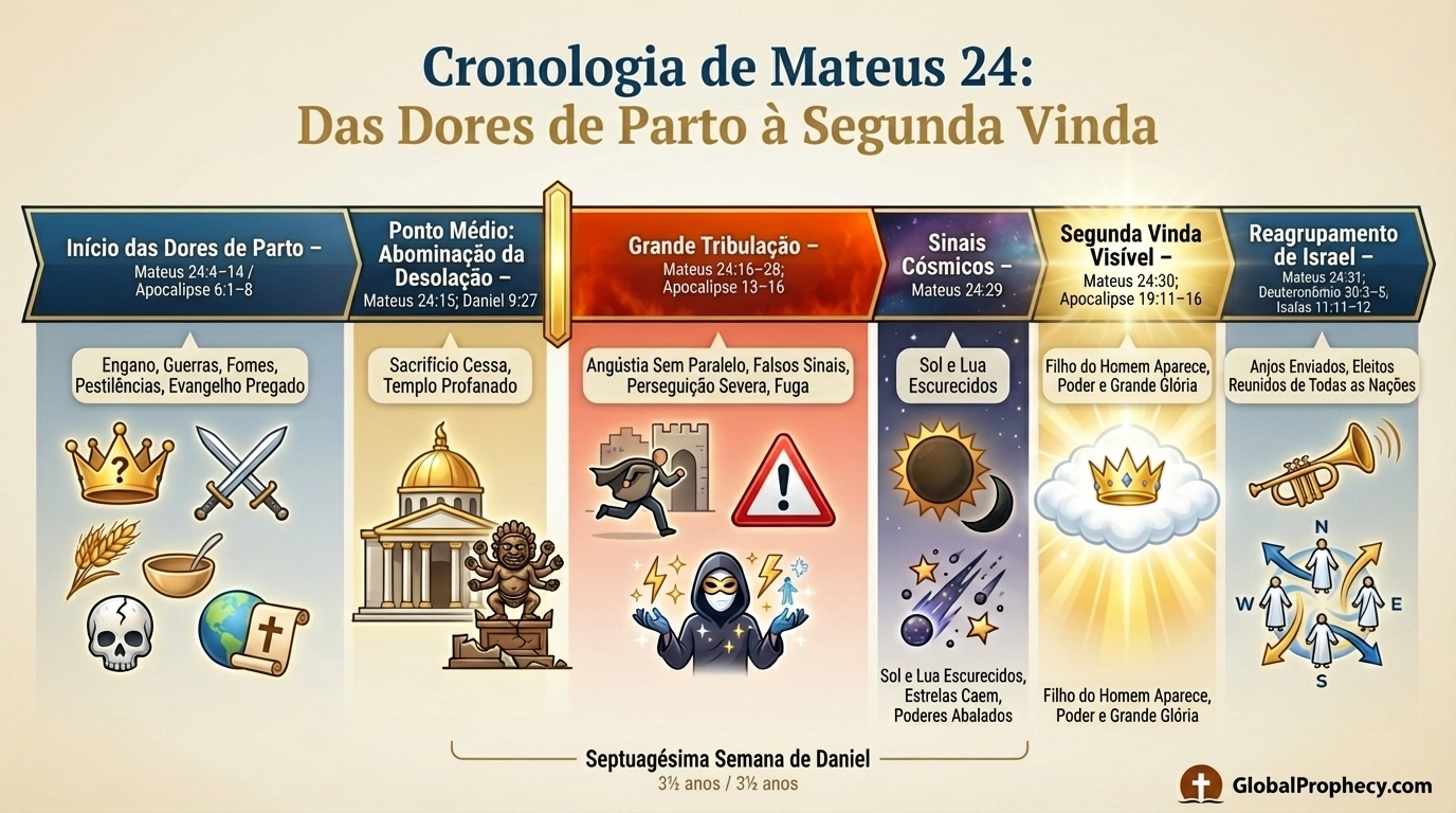 Linha do tempo infográfica de Mateus 24 mostrando os eventos da Tribulação e a Segunda Vinda.