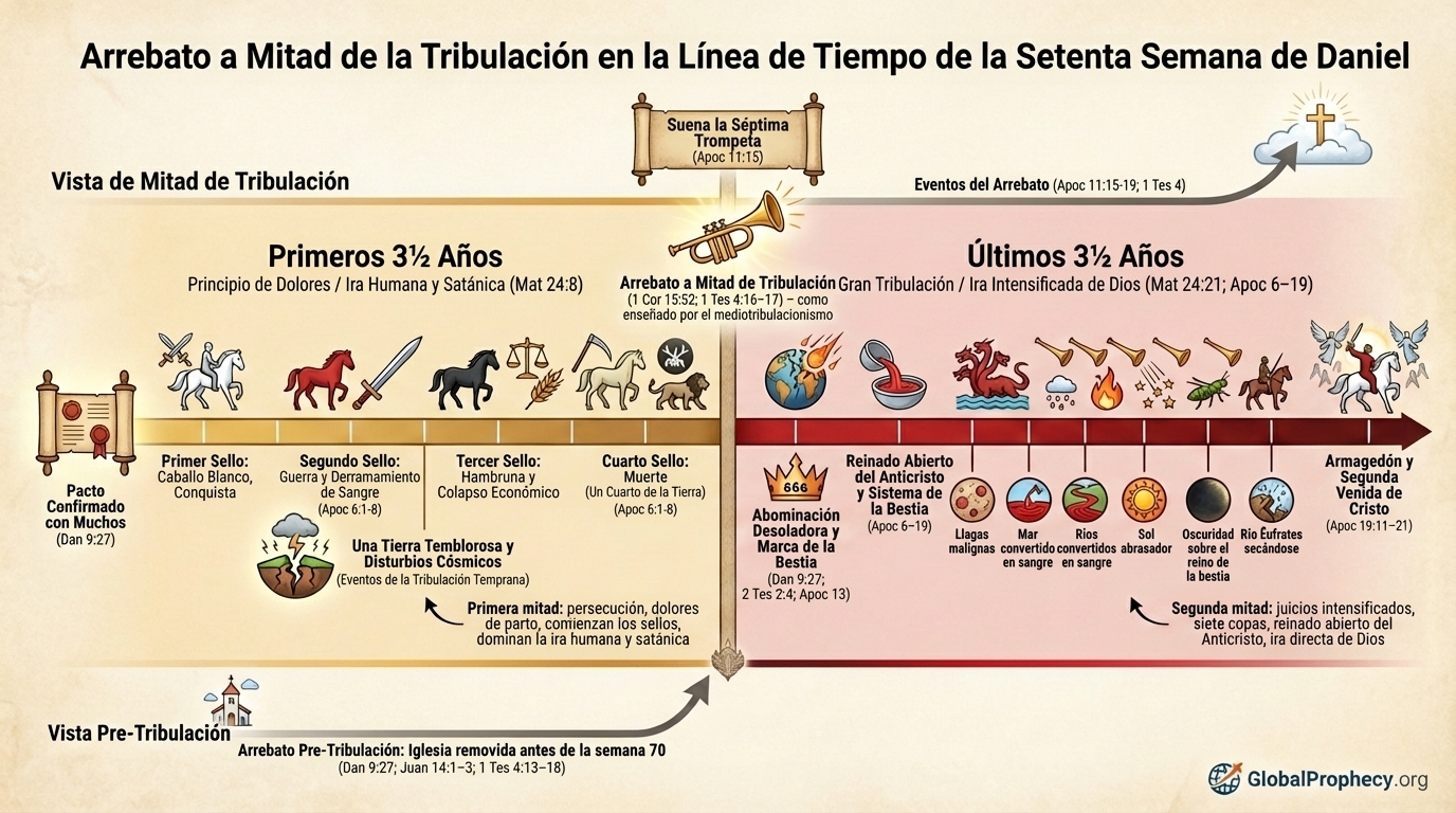 Infografía cronológica que compara las posiciones del rapto a mitad de la tribulación y antes de la tribulación dentro de la septuagésima semana de Daniel.