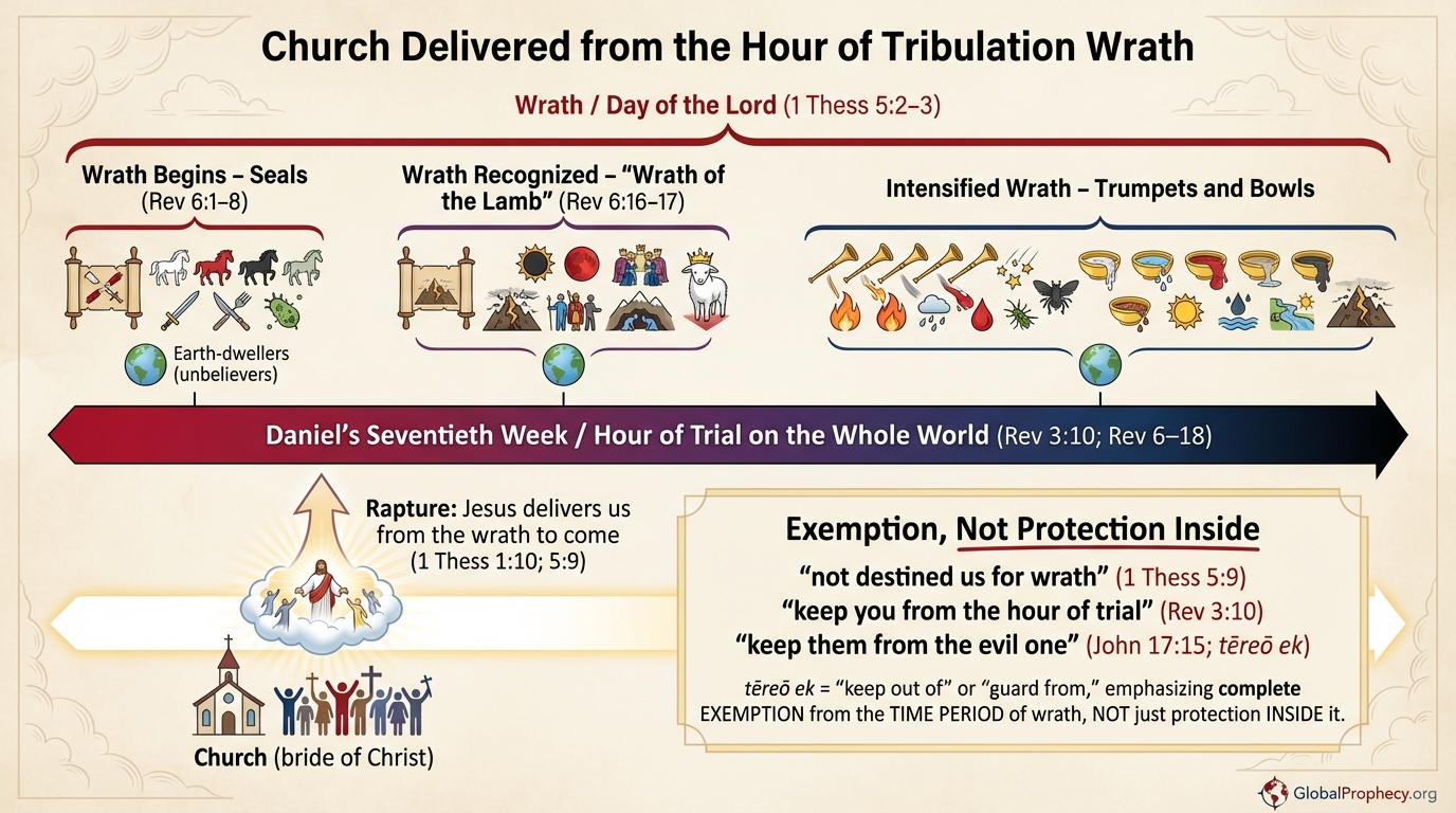 Diagram showing church delivered from the entire tribulation hour of trial and wrath, with key verses.