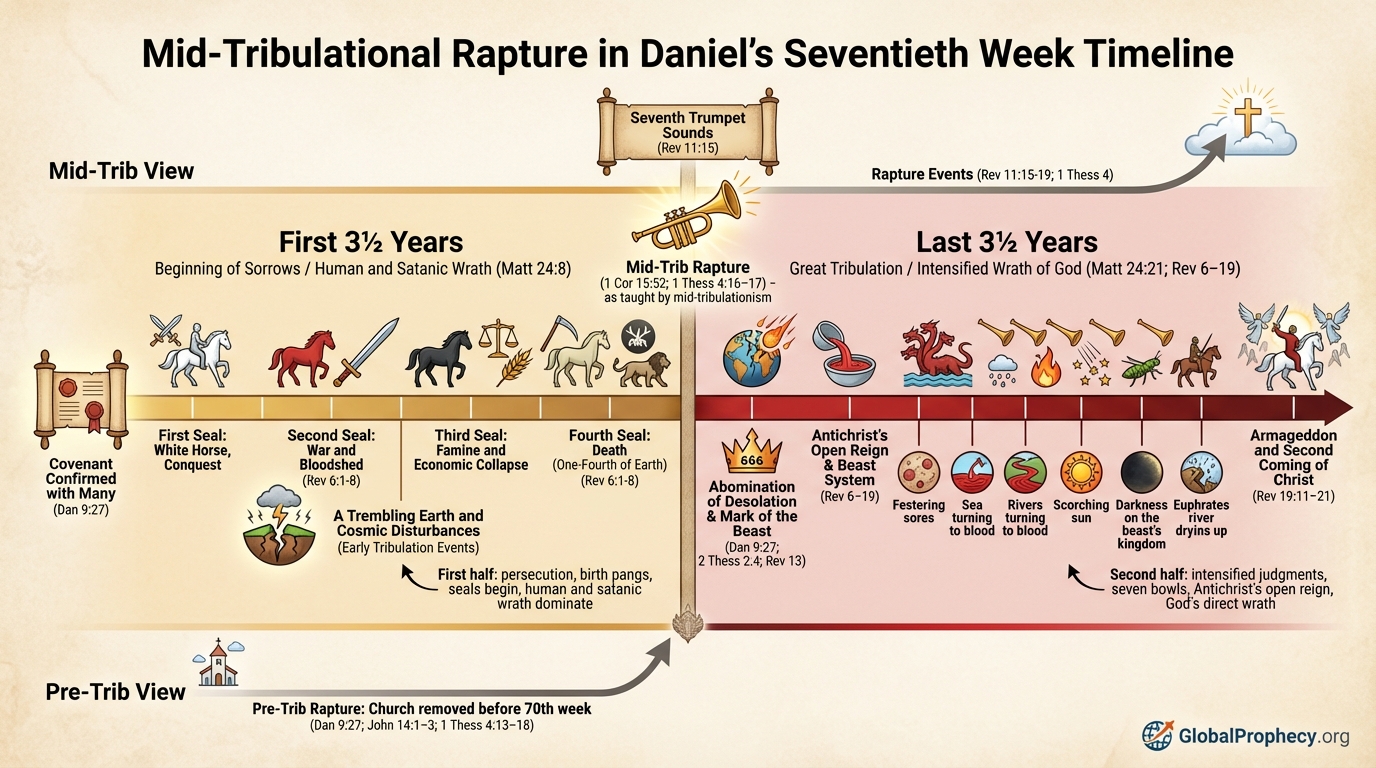 Timeline infographic comparing mid‑trib and pre‑trib rapture positions within Daniel’s seventieth week.