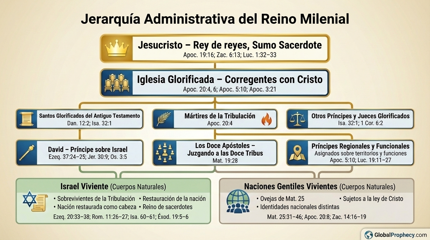 Organigrama que muestra la jerarquía administrativa del reino milenario de Cristo.