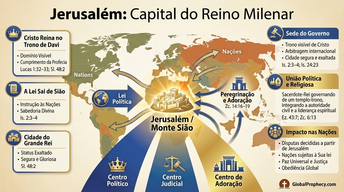 Infográfico mostrando Jerusalém como a capital política e espiritual do reino milenar de Cristo.