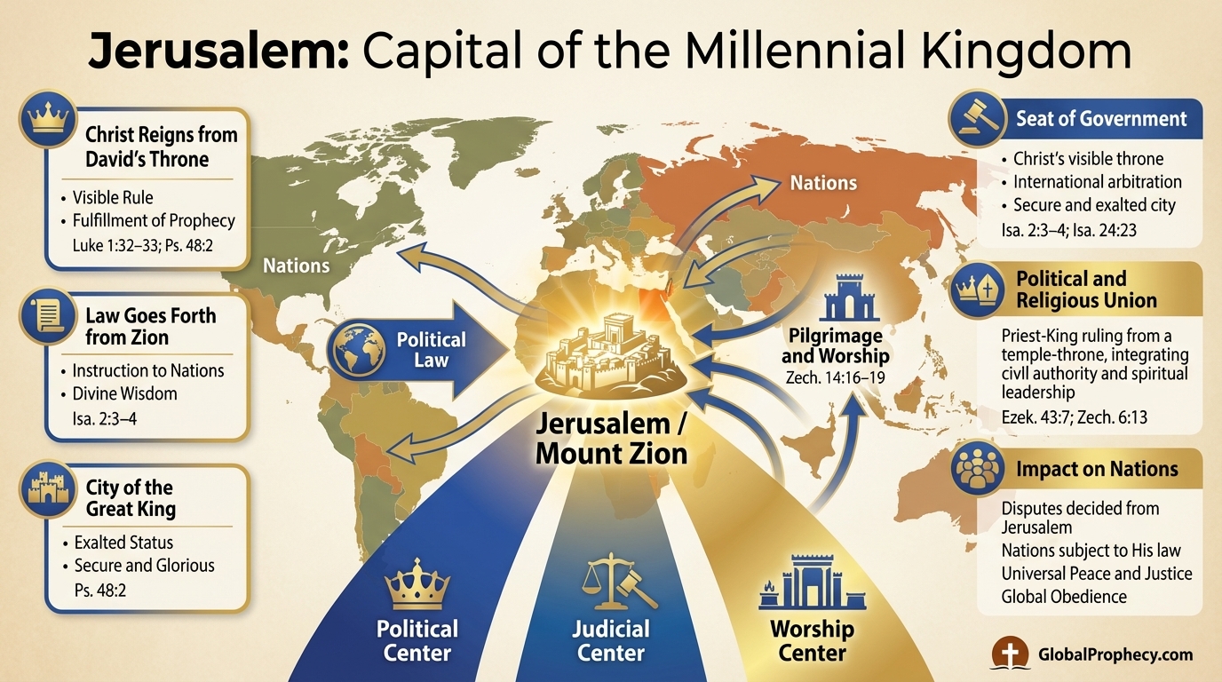 Infographic showing Jerusalem as the political and spiritual capital of Christ's millennial kingdom.