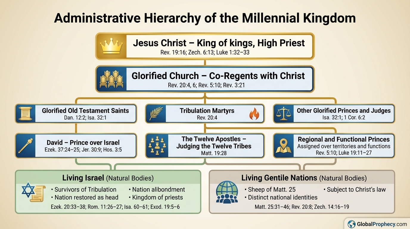 Organizational chart showing the administrative hierarchy of Christ's millennial kingdom.