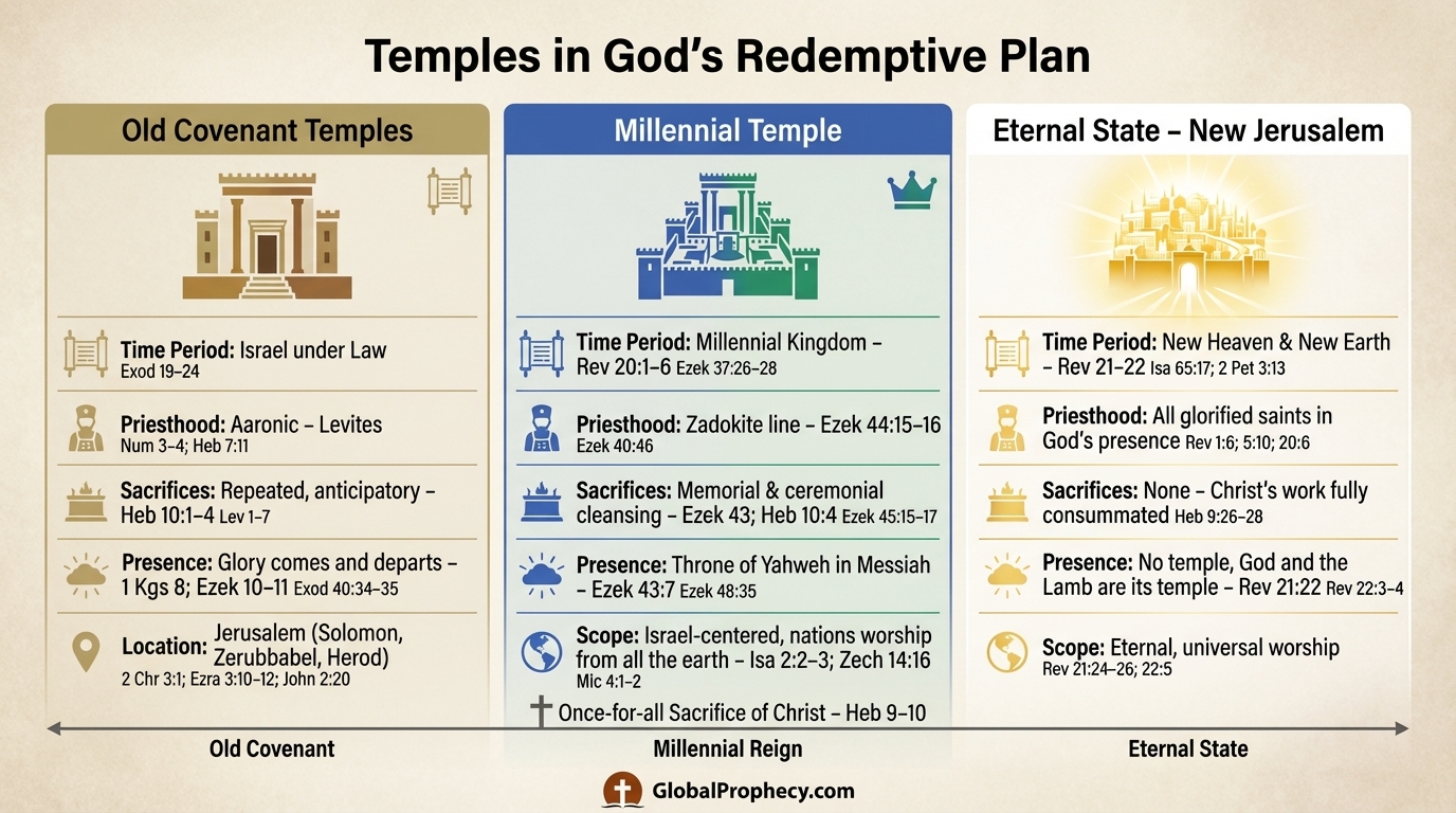 Infographic comparing Old Covenant temples, the millennial temple, and the eternal state with no temple.