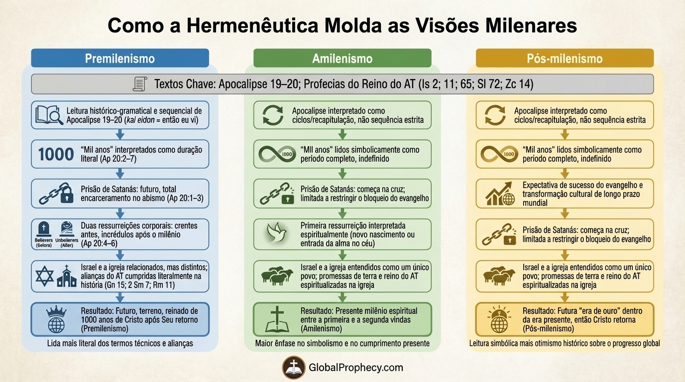 Infográfico mostrando como diferentes abordagens hermenêuticas levam a visões pré-milenistas, amilenistas e pós-milenistas.