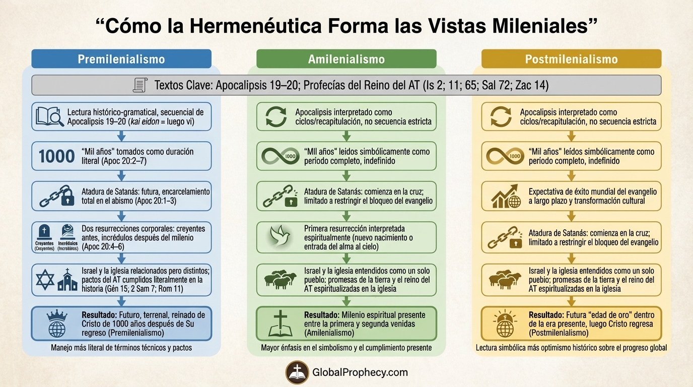 Infografía que muestra cómo diferentes enfoques hermenéuticos conducen a visiones premileniales, amileniales y posmileniales.