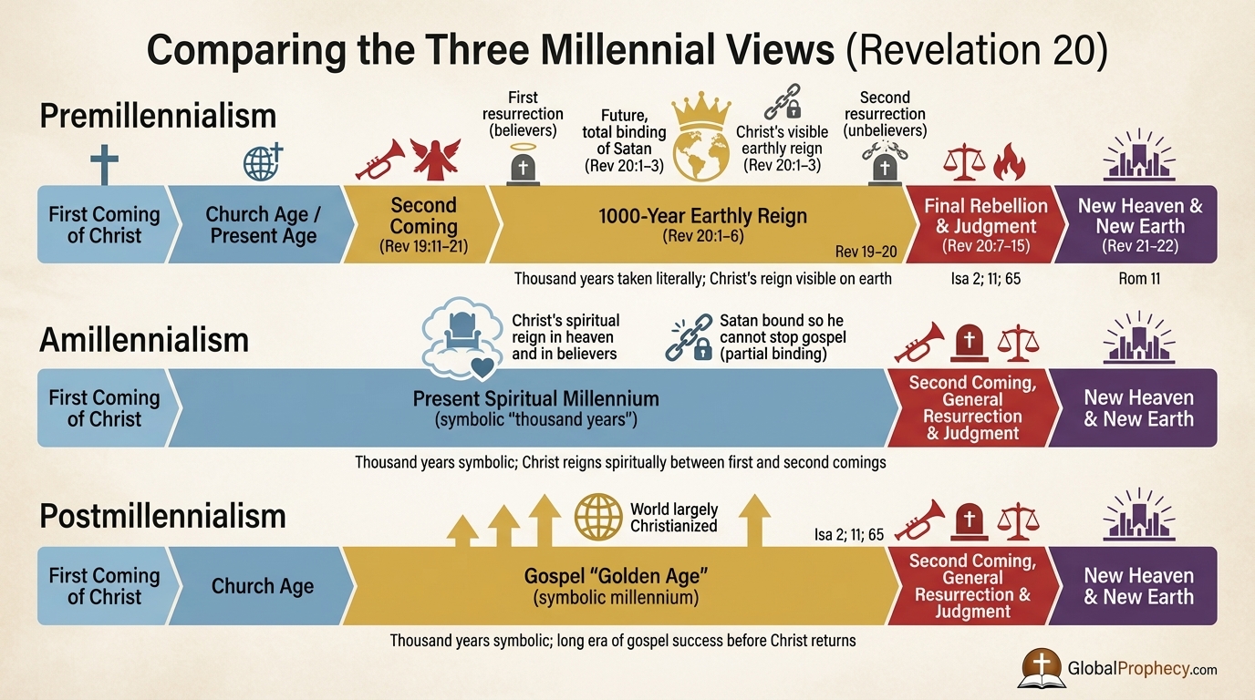 Infographic comparing premillennial, amillennial, and postmillennial timelines around the millennium.