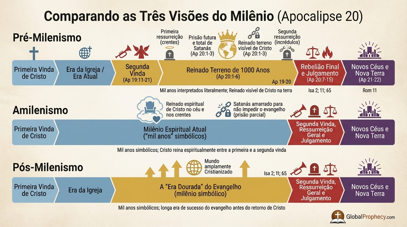 Infográfico comparando as linhas do tempo pré-milenar, amilenar e pós-milenar em torno do milênio.