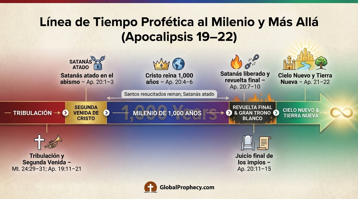 Línea de tiempo infográfica que muestra la Tribulación, el Milenio, el juicio final y el estado eterno en secuencia.