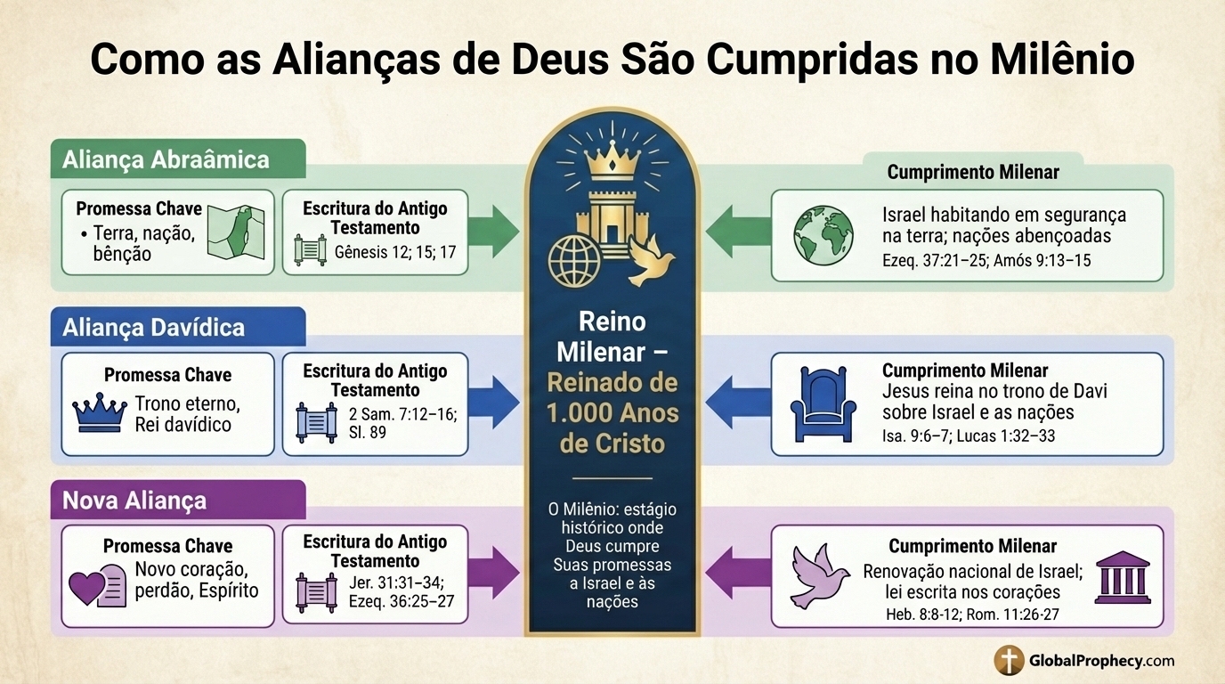 Gráfico informativo mostrando como os Pactos Abraâmico, Davídico e Novo são cumpridos no Milênio.