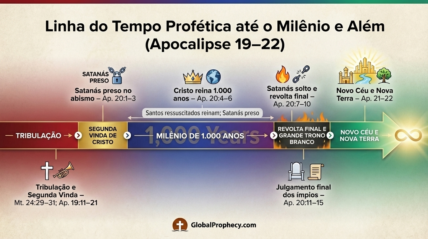 Linha do tempo em infográfico mostrando a Tribulação, Milênio, julgamento final e estado eterno em sequência.