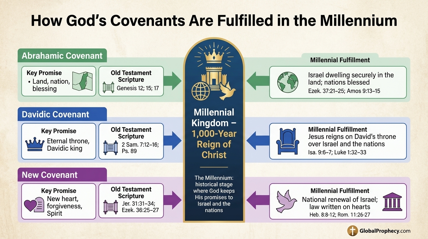 Infographic chart showing how the Abrahamic, Davidic, and New Covenants are fulfilled in the Millennium.