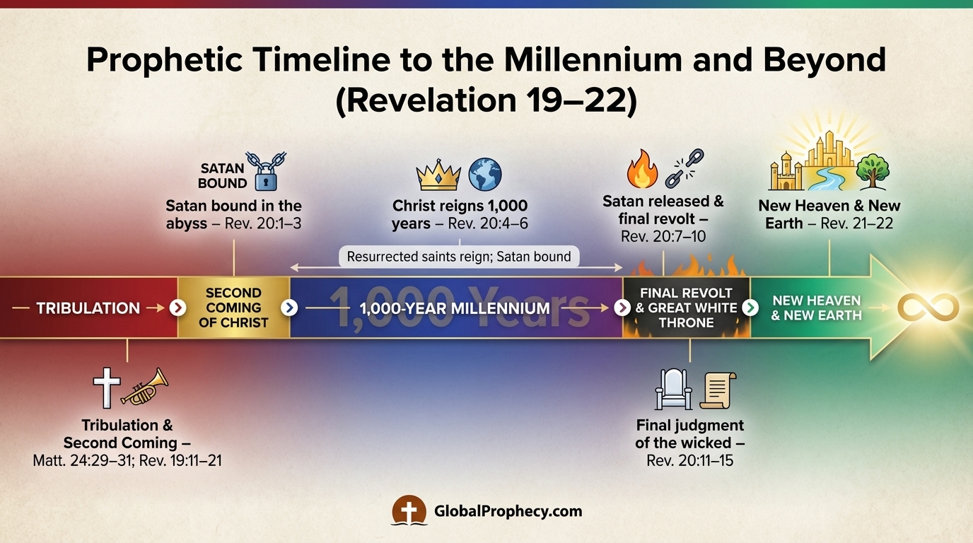 Infographic timeline showing the Tribulation, Millennium, final judgment, and eternal state in sequence.