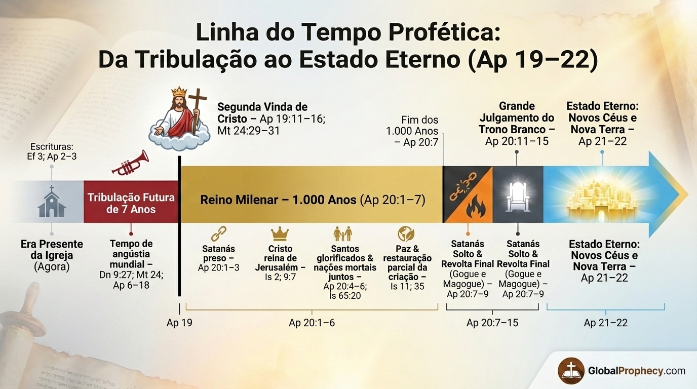 Linha do tempo em infográfico desde a tribulação até o milênio de 1.000 anos e o estado eterno.