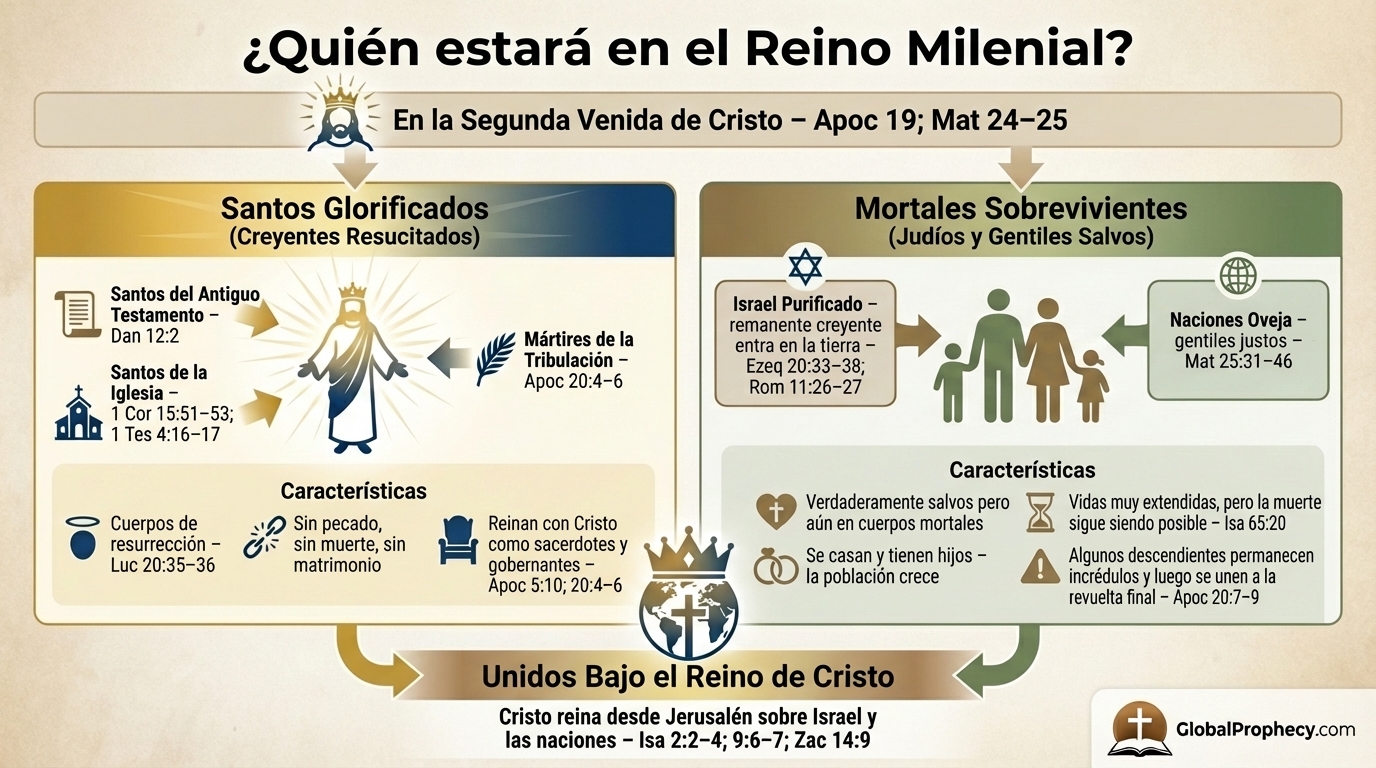 Diagrama infográfico que muestra santos glorificados y sobrevivientes mortales en el reino milenario.