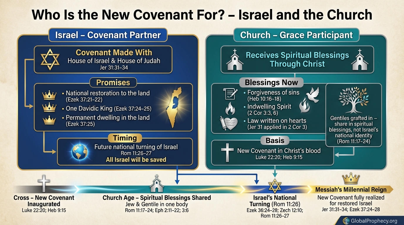 Diagram comparing Israel and the Church in relation to the New Covenant, primary partner and present participation.