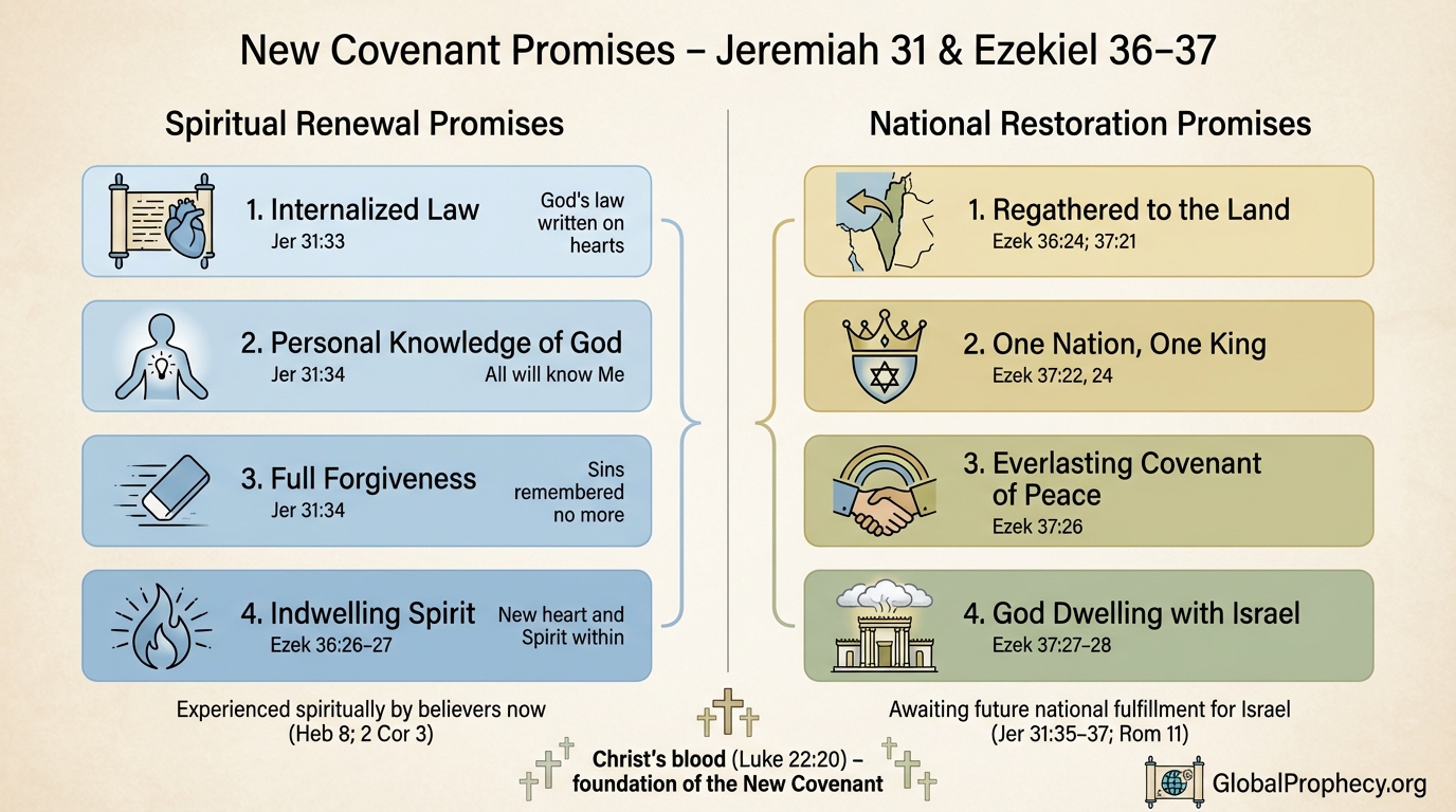 Infographic of New Covenant promises in Jeremiah 31 and Ezekiel 36–37, spiritual and national aspects.