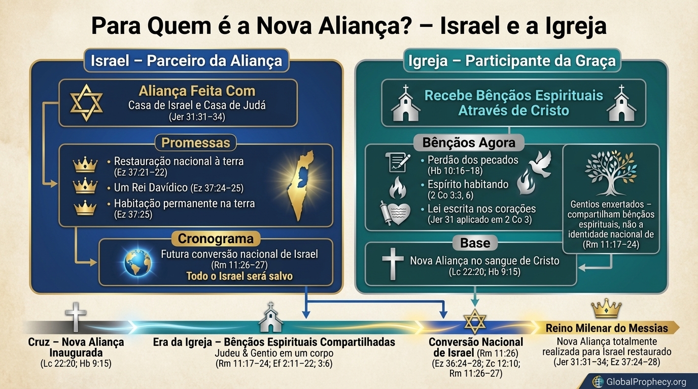 Diagrama comparando Israel e a Igreja em relação ao Novo Pacto, parceiro principal e participação atual.