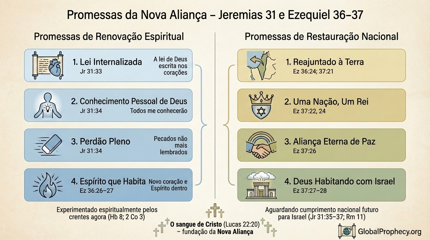 Infográfico das promessas da Nova Aliança em Jeremias 31 e Ezequiel 36–37, aspectos espirituais e nacionais.