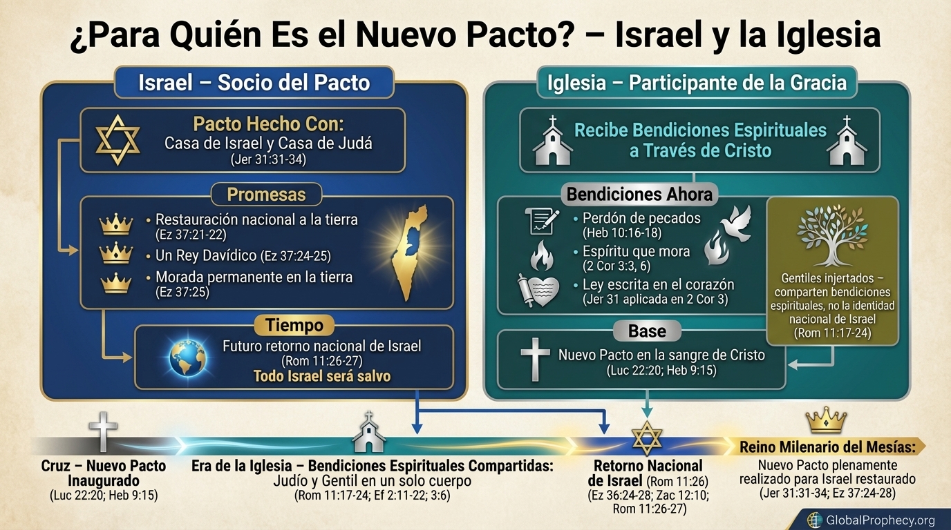 Diagrama que compara a Israel y la Iglesia en relación con el Nuevo Pacto, socio principal y participación actual.