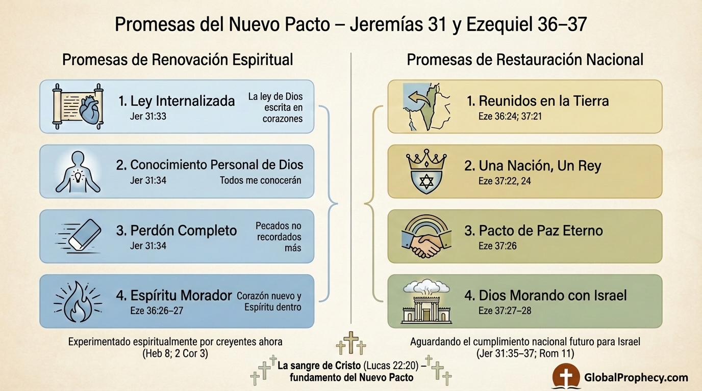 Infografía de las promesas del Nuevo Pacto en Jeremías 31 y Ezequiel 36–37, aspectos espirituales y nacionales.