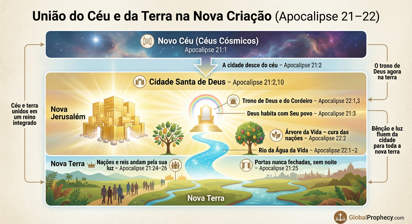 Diagrama mostrando a união do céu, nova terra e Nova Jerusalém com o trono de Deus no centro.