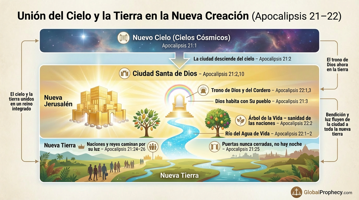 Diagrama que muestra la unión del cielo, la nueva tierra y la Nueva Jerusalén con el trono de Dios en el centro.