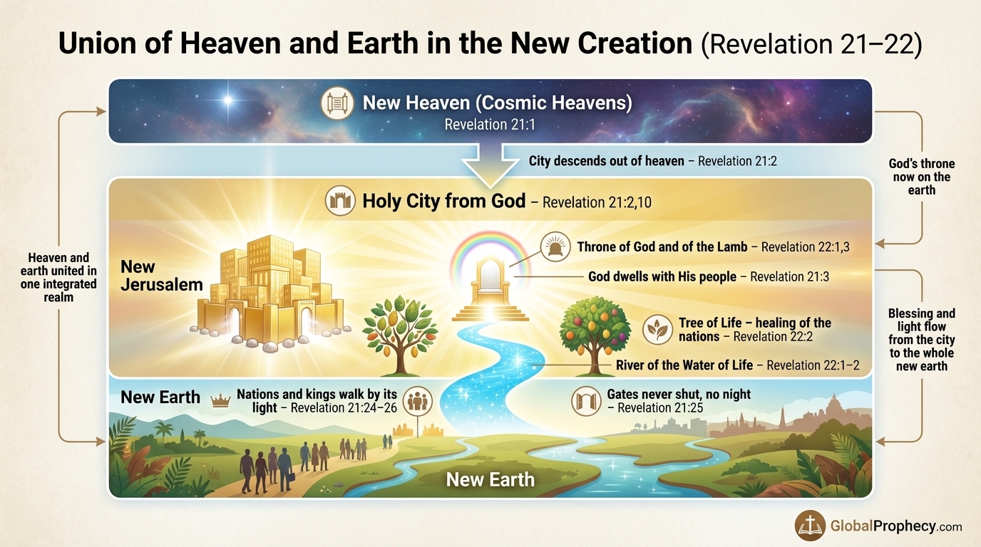 Diagram showing the union of heaven, new earth, and New Jerusalem with God’s throne at the center.