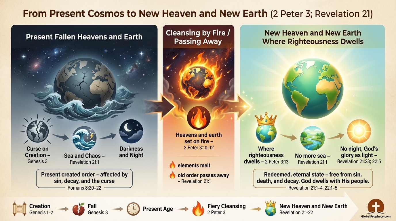Infographic comparing the present cosmos and the new heaven and new earth in biblical prophecy.