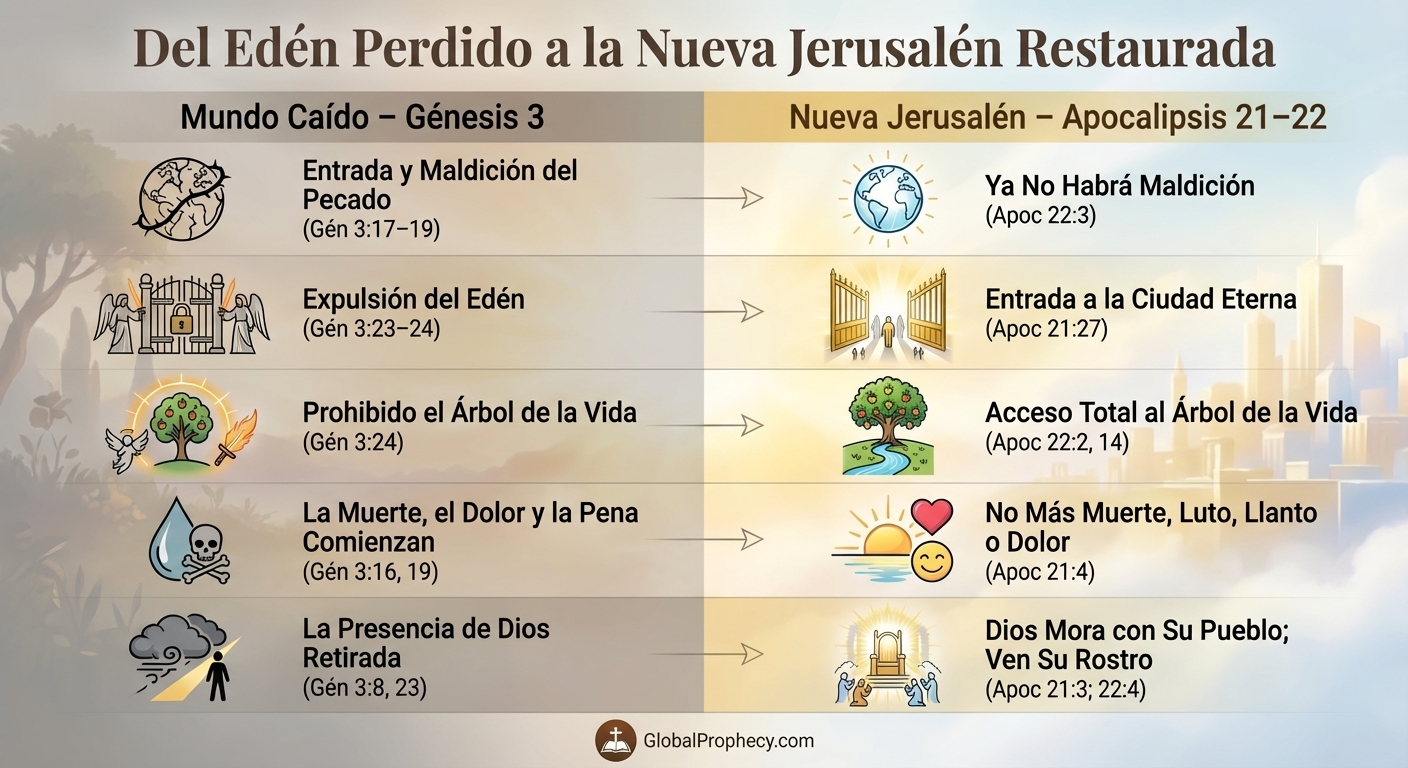 Tabla de comparación que contrasta el mundo caído de Génesis 3 con la Nueva Jerusalén restaurada en Apocalipsis 21-22.