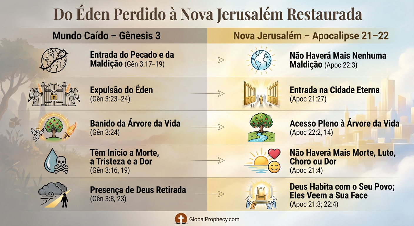 Tabela de comparação contrastando o mundo caído de Gênesis 3 com a Nova Jerusalém restaurada em Apocalipse 21-22.