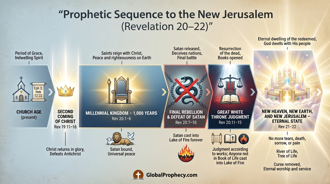 Infographic timeline showing events from the millennium to the New Jerusalem in Revelation 20–22.