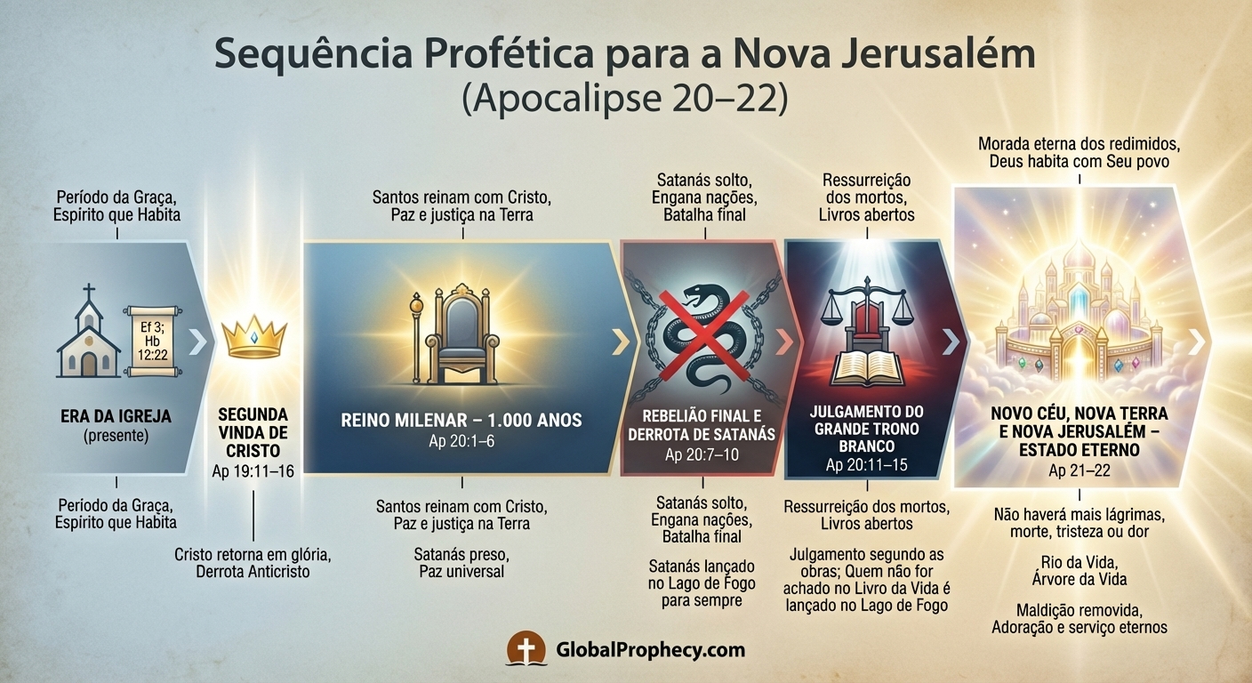 Linha do tempo em infográfico mostrando eventos do milênio até a Nova Jerusalém em Apocalipse 20-22.