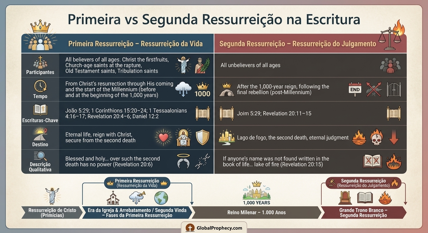 Infográfico lado a lado comparando a primeira ressurreição da vida e a segunda ressurreição do juízo.