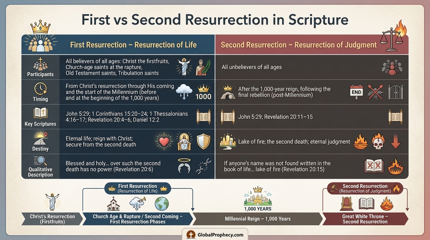 Side-by-side infographic comparing the first resurrection of life and the second resurrection of judgment.