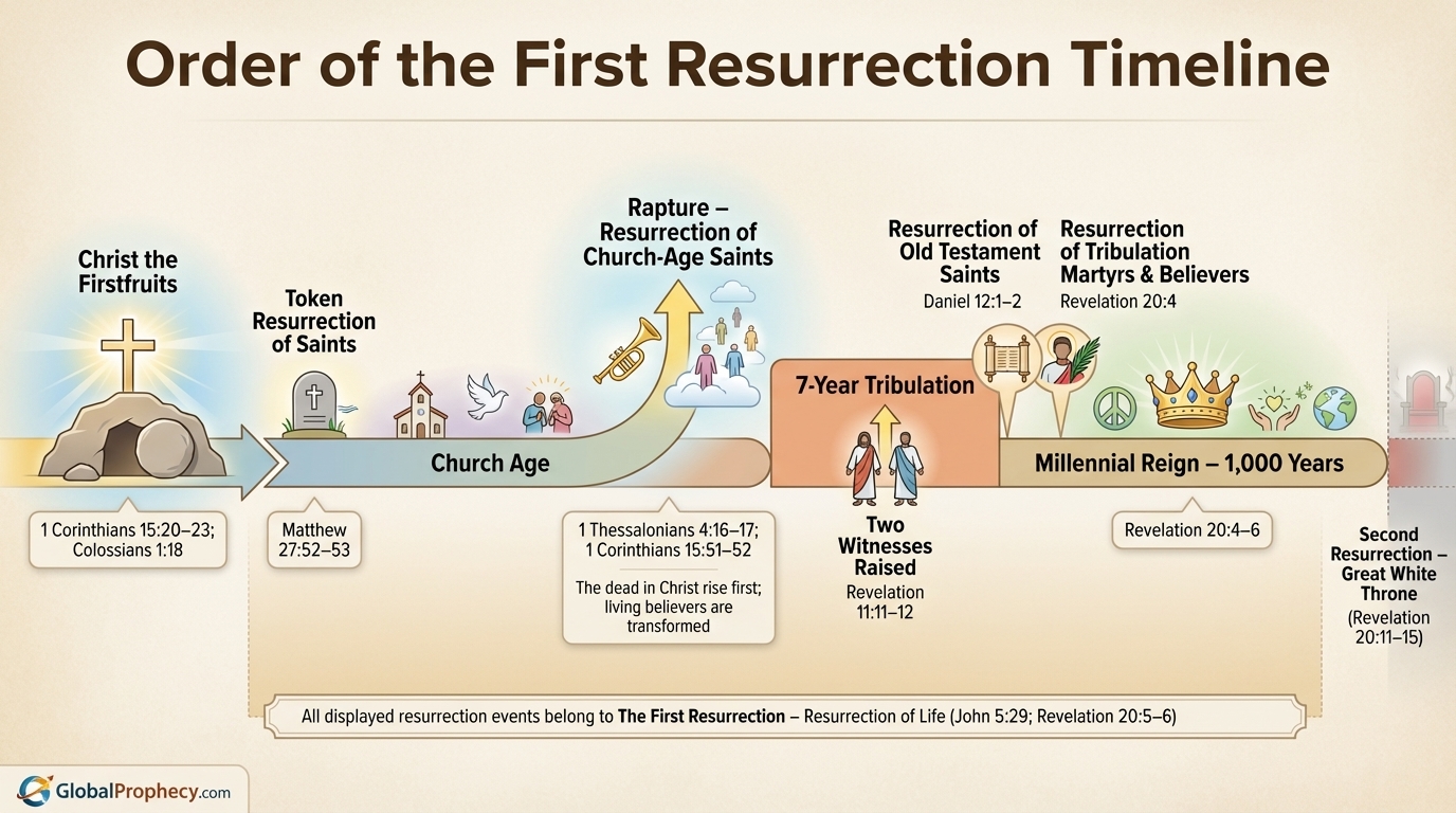Infographic timeline showing the ordered stages of the first resurrection from Christ to the millennium.