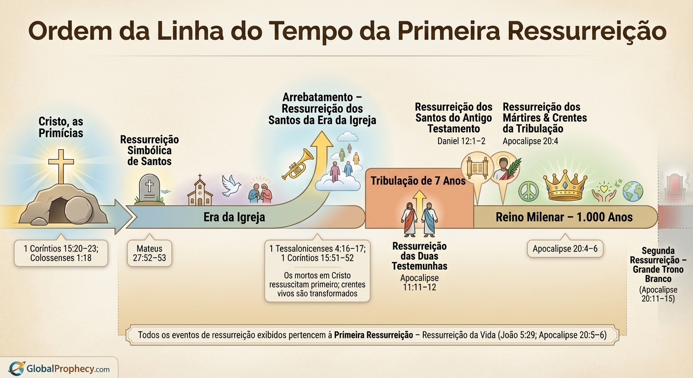 Linha do tempo em infográfico mostrando as etapas ordenadas da primeira ressurreição de Cristo até o milênio.
