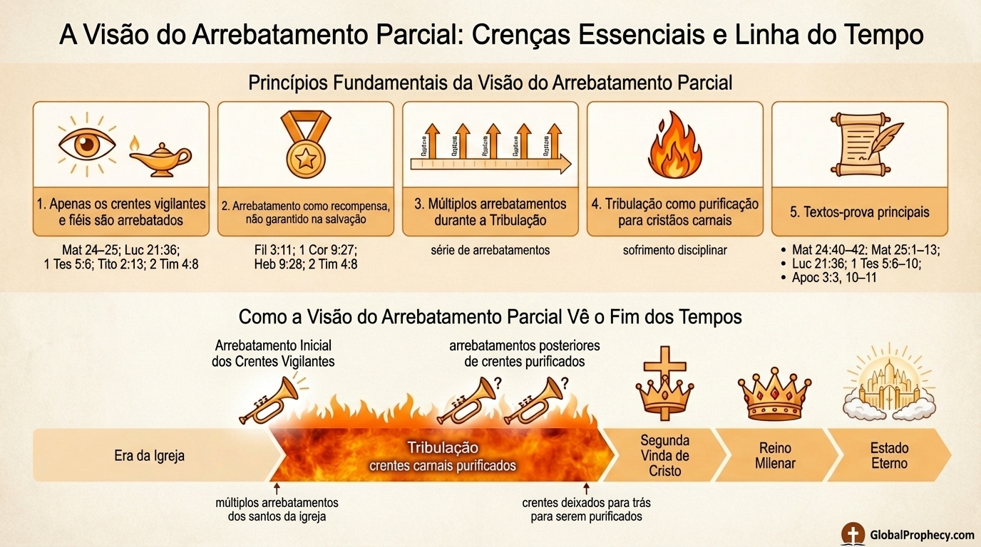 Infográfico resumindo a visão do arrebatamento parcial com crenças centrais e sua linha do tempo profética.