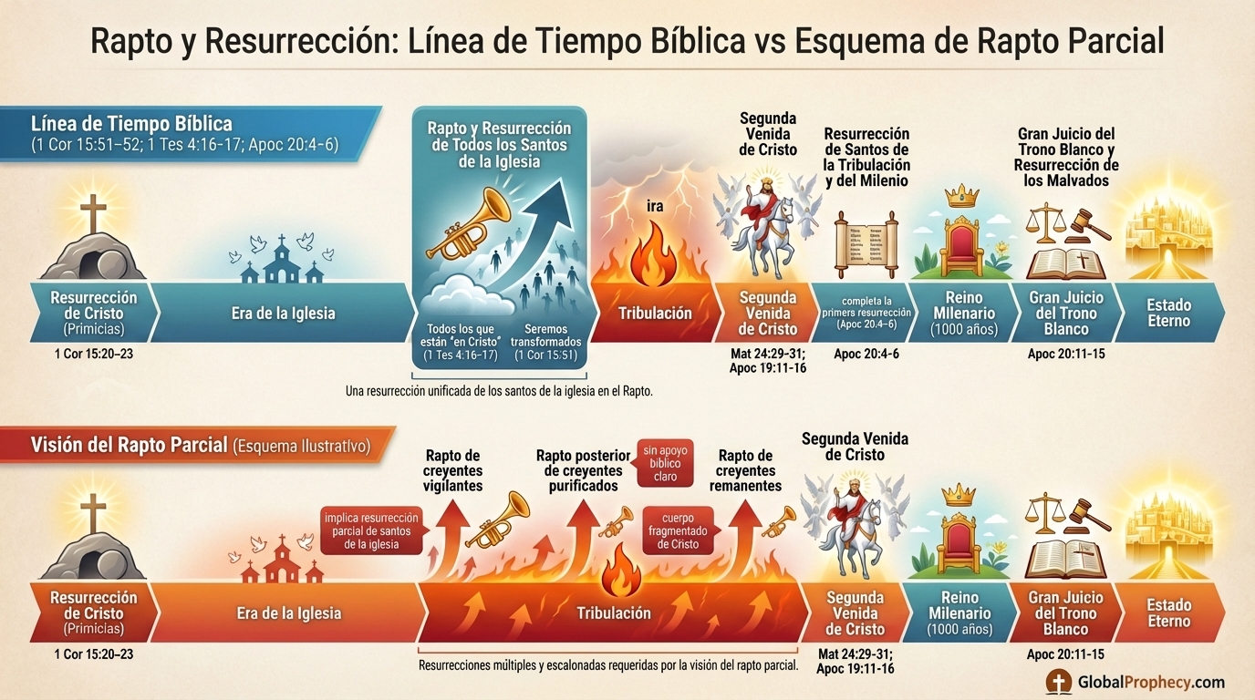 Tabla comparativa que contrasta la cronología del rapto y la resurrección bíblicos con el esquema del rapto parcial.