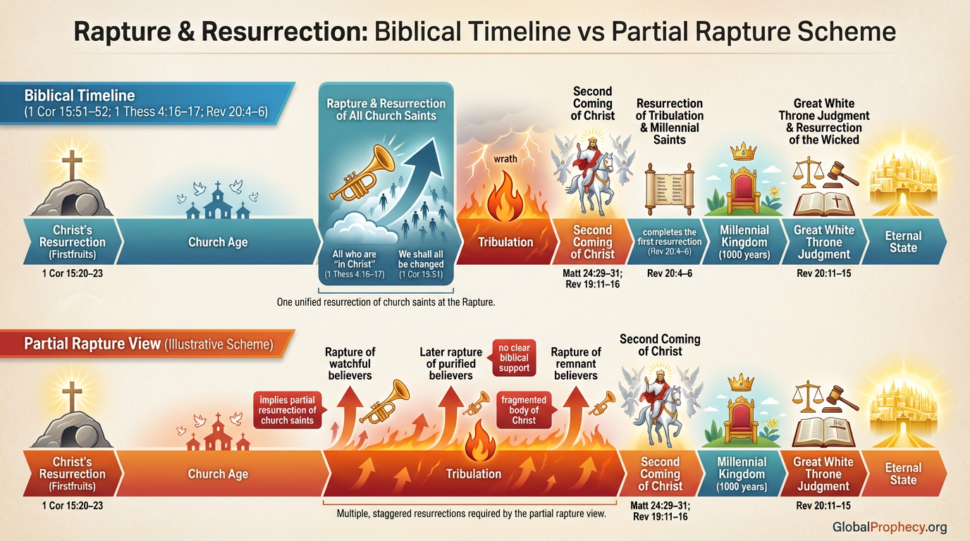 Comparison chart contrasting the biblical rapture and resurrection timeline with the partial rapture scheme.