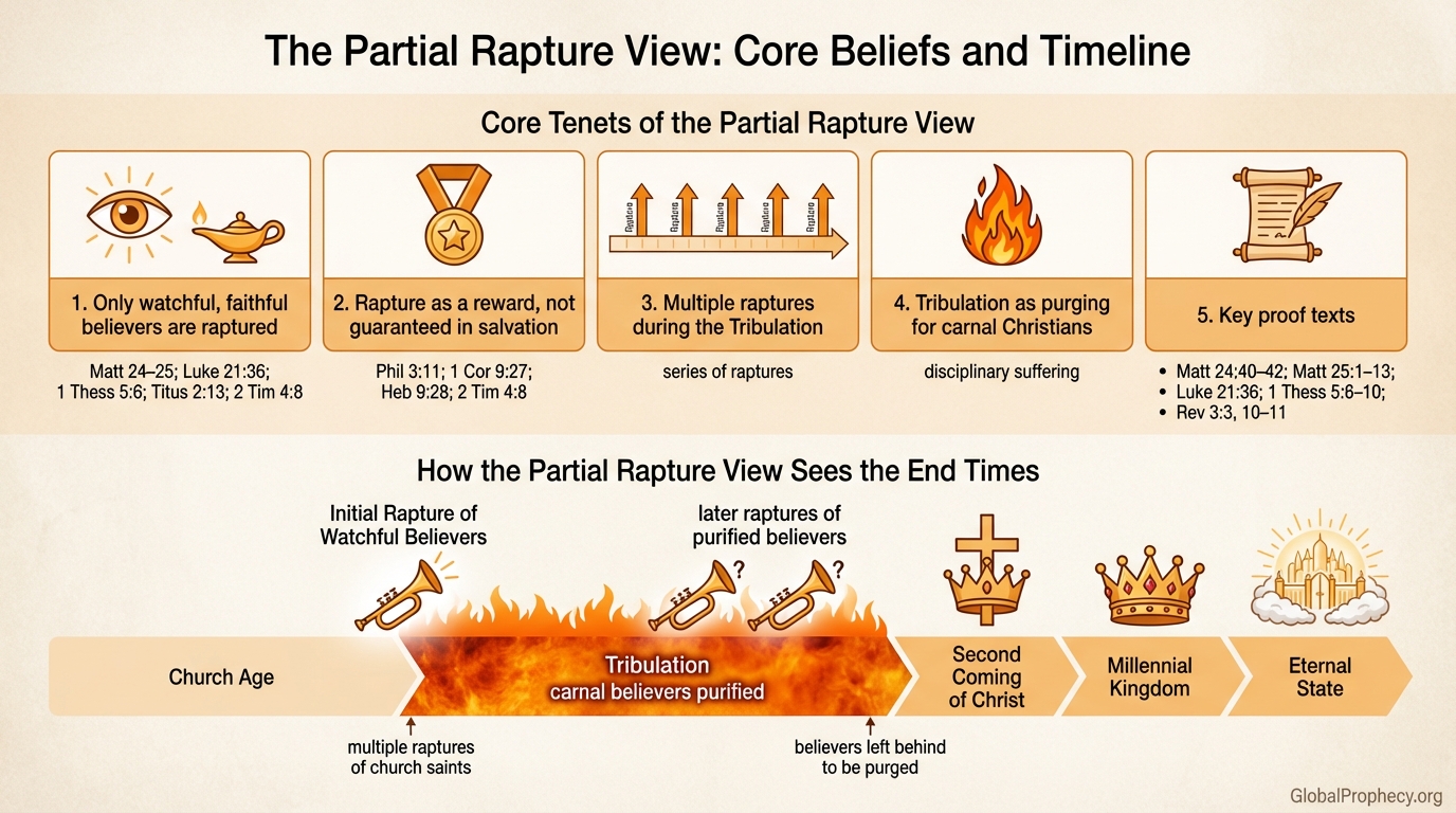 Infographic summarizing the partial rapture view with core beliefs and its prophetic timeline.