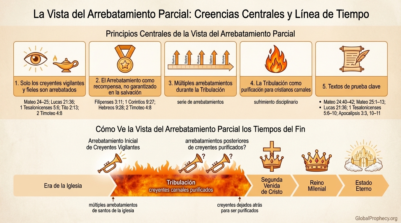 Infografía que resume la visión del rapto parcial con creencias fundamentales y su cronología profética.