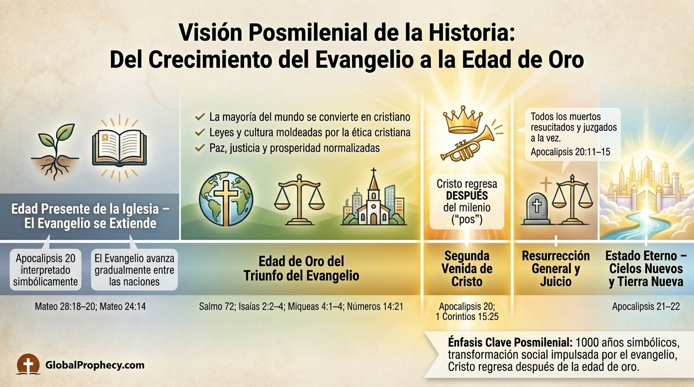 Línea de tiempo infográfica que muestra la visión postmilénica de la historia desde la era de la iglesia hasta el estado eterno.