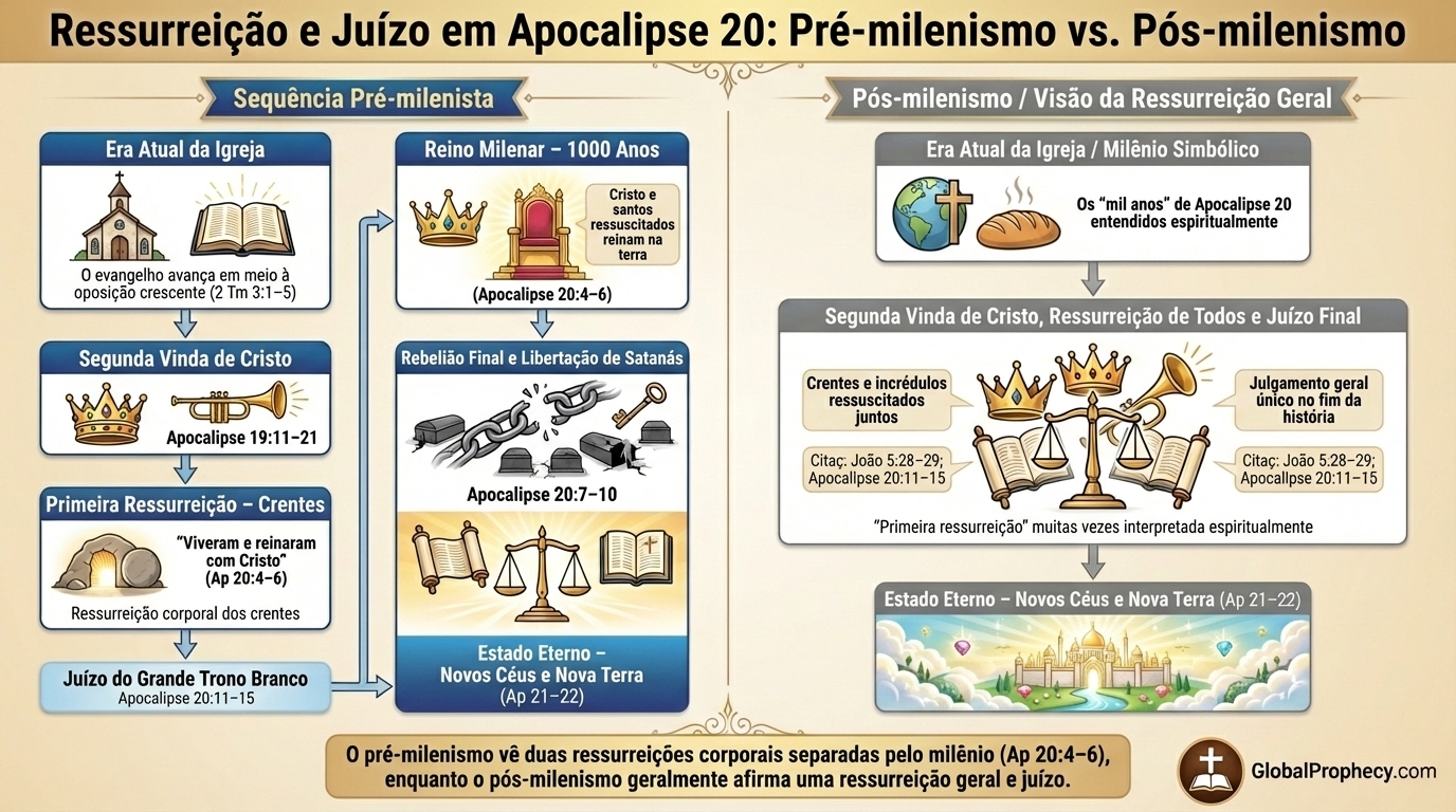 Diagrama lado a lado comparando as estruturas de ressurreição e julgamento pré-milenar e pós-milenar.