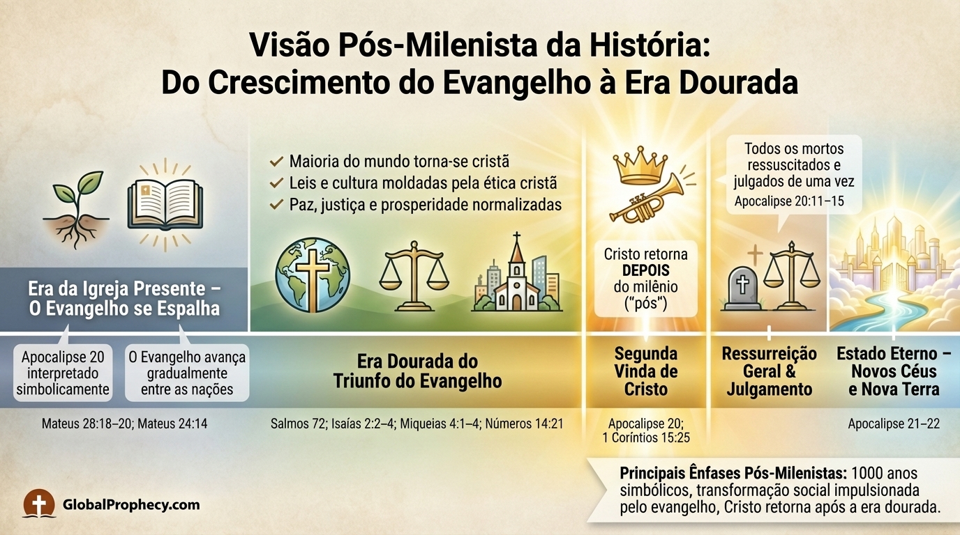 Linha do tempo em infográfico mostrando a visão pós-milenar da história, da era da igreja ao estado eterno.